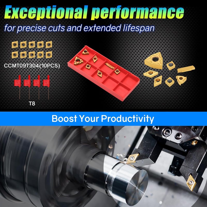 Joogto Indexable Lathe Turning Tool 1/2" 12mm Shank 14PCS Kit, 4PCS Metal Lathe Tools Holder 10PCS CCMT09T304 Carbide Insert for Turning Boring Grooving, SCMCN1212H09/SCLCL1212H09/SCLCR1212H09/S12M-SCLCR09 - Image 3